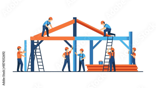 Workers constructing a building framework with ladders and orange beams in a collaborative industrial setting