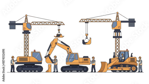 Heavy construction machinery operating on a building site with cranes and workers standing nearby