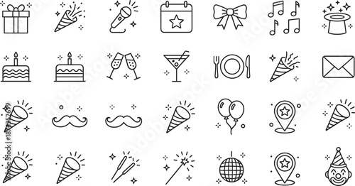 Party and celebration icon set featuring birthday cakes gifts confetti balloons and entertainment symbols for events and holidays.