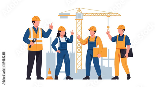 Construction workers collaborating on a building site with a crane in the background