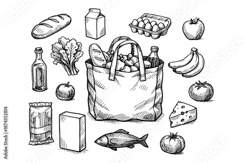 Hand-drawn grocery bag with food items: bread, fish, eggs, and vegetables
