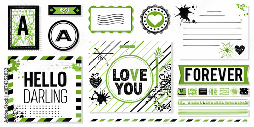 A collection of vibrant green and black decorative scrapbook elements and stickers