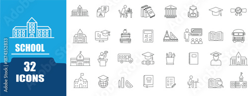 School and Education  Line icons set. Collection of Academic and Learning Linear Icons, Including school building, student, teacher, classroom, graduation cap, books, backpack, bus, exam, education to