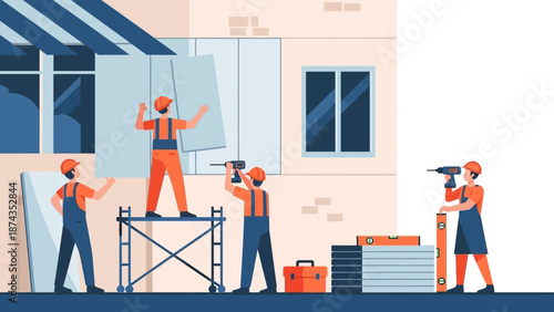 Construction workers installing large glass panels on a commercial building facade from scaffolding