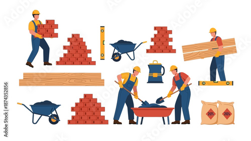 Construction workers engaged in building activities on a construction site with various materials and tools