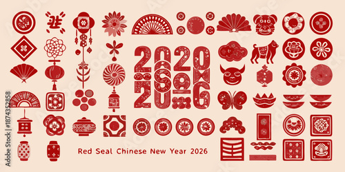 Collection of traditional red chinese new year seals and decorative elements