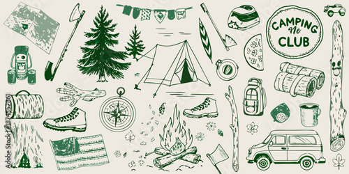 Hand drawn vintage camping equipment and outdoor adventure illustration collection