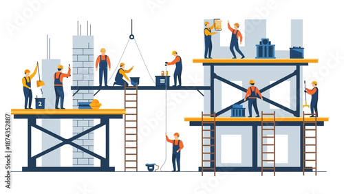 Construction workers building a large industrial structure with multiple levels and scaffolding