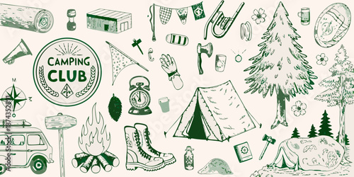 A charming collection of hand drawn camping elements and outdoor adventure icons