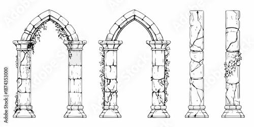 Vintage gothic arches and columns with climbing vines black and white sketch