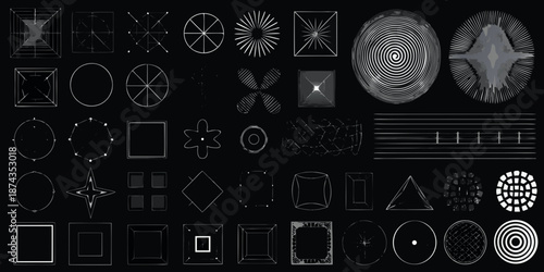 Geometric patterns and optical illusions a collection of white shapes on black