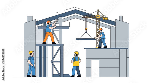 Construction workers assembling a building frame on a construction site with cranes and scaffolding
