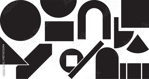 Set of abstract geometric shapes in Bauhaus style. Minimalist black primitive forms including arch, circle, and triangle.