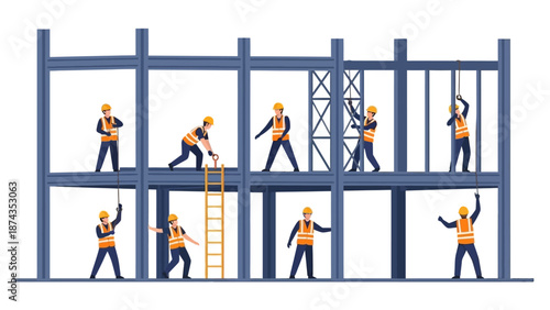 Construction workers building a steel framed structure on a construction site
