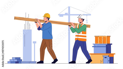 Construction workers carrying large wooden beam at industrial site