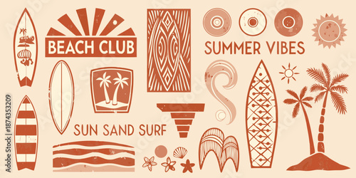 A summery beach club collection with surfboards sun and tropical elements