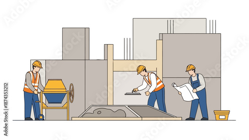 Construction workers building a concrete structure on a construction site