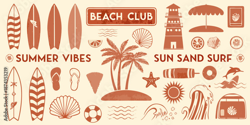 Retro summer collection with surfboards beach essentials and vibrant coastal design