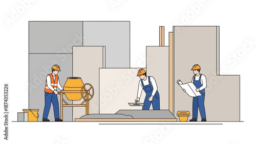 Construction workers building a structure with machinery and materials on site