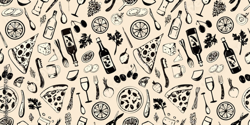 A charming seamless pattern featuring various food and drink illustrations