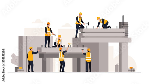 Construction workers in yellow vests and helmets building a large concrete structure from multiple angles