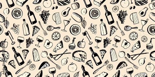 A charming pattern of wine cheese fruit and culinary delights