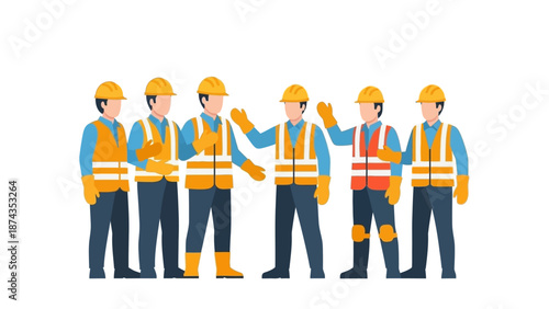 Group of construction workers in safety gear interacting on a building site