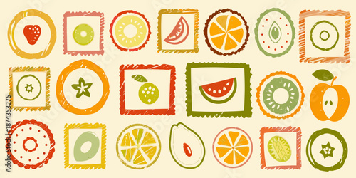 Colorful doodle style illustrations of various fruits in square frames