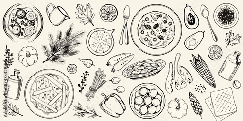 A sketch of various foods including pizza fruits and vegetables arranged overhead