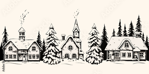 Charming winter village scene with snow covered houses and evergreen trees