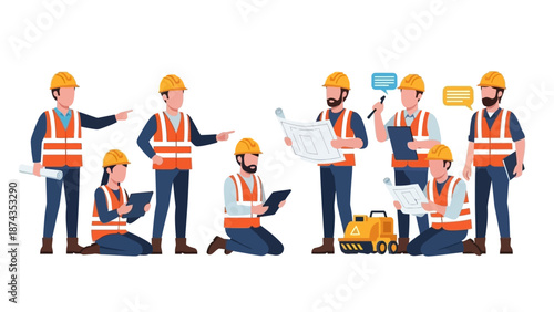 Construction workers collaborating on a project in an industrial setting