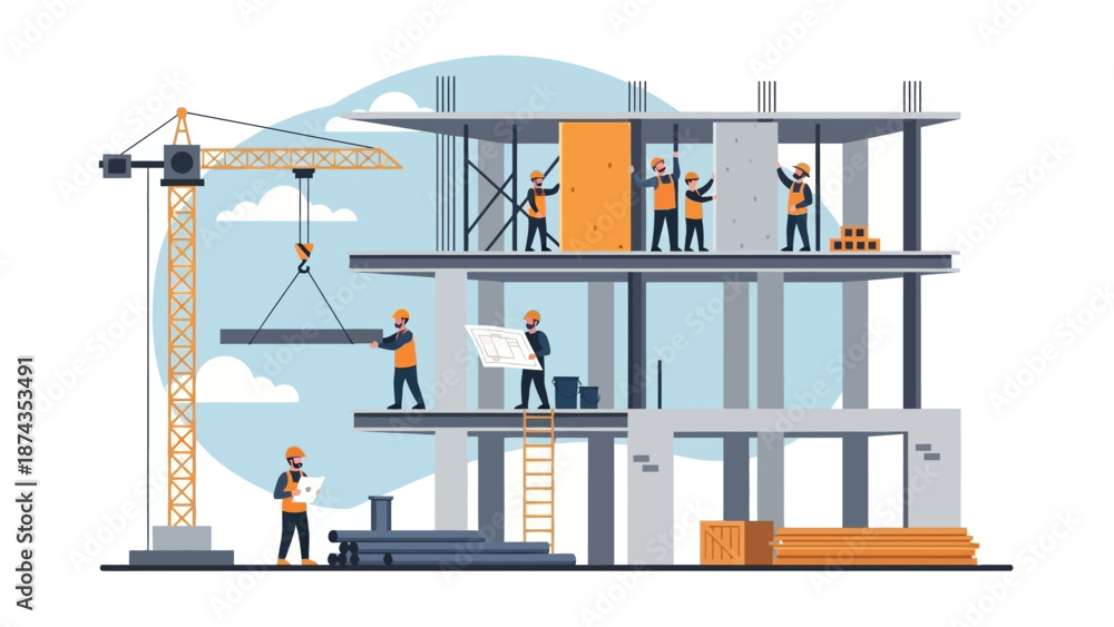 Fototapeta premium Construction workers building a modern multi-story building with a crane on site