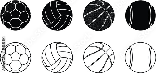 Set of sports ball icons including soccer football volleyball basketball and tennis balls for games and fitness activities.