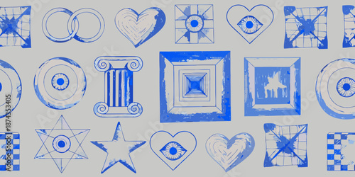 A collection of blue and white hand drawn symbols and shapes on a gray background