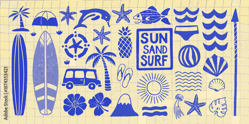 A collection of summer themed doodles including surfboards sun and tropical elements