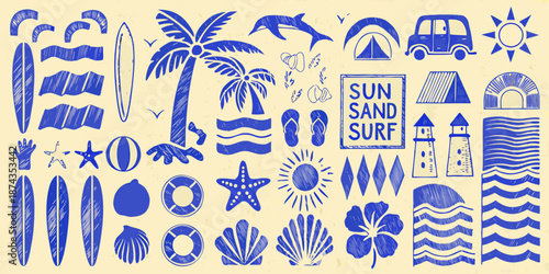 Beach themed doodles with surfboards palm trees and ocean elements in blue