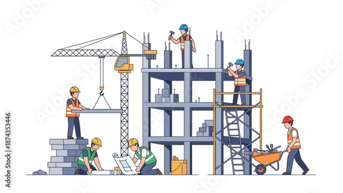 Construction workers building a multi-story structure with cranes and scaffolding on site