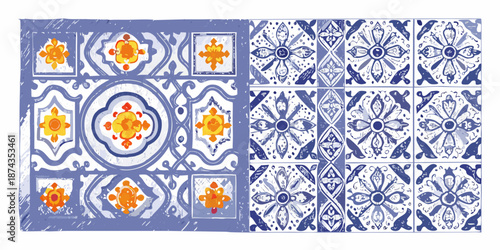 Intricate blue and orange floral tile patterns repeating across a surface