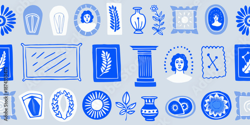 A repeating pattern of blue and white neoclassical and floral decorative motifs