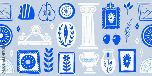 A repeating pattern of blue and white decorative classical elements and fruits