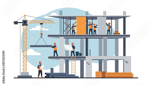 Construction workers building a modern multi-story building with a crane on site