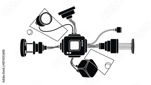 Intricate mechanical device with various tools and parts