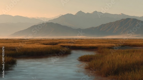 Expansive wetland valley surrounded by distant mountain silhouettes
