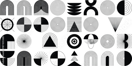 Abstract geometric shapes illustration set, modern minimal design elements, circles arches triangles, black and white graphic composition