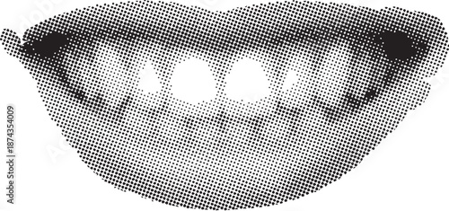 Black and white halftone illustration of smiling lips with teeth