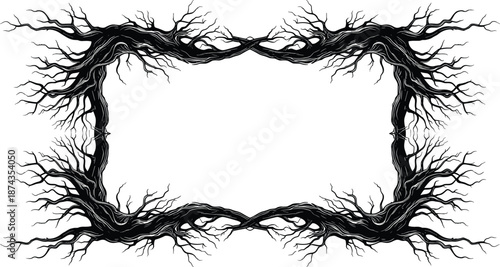 Dark twisted tree roots frame illustration, organic nature border design, mystical gothic style, black abstract botanical composition
