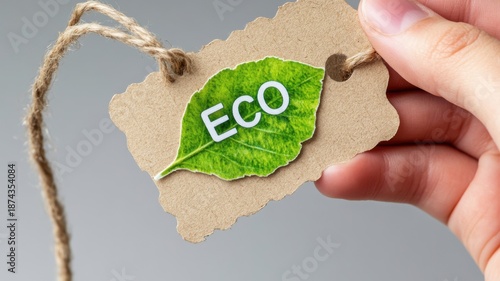 Symbolic representation of a hand holding an eco leaf tag revealing pollution and synthetic materials