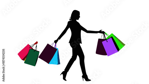 Silhouette of a happy woman carrying multiple shopping bags, walking briskly, modern retail and consumerism concept vector.