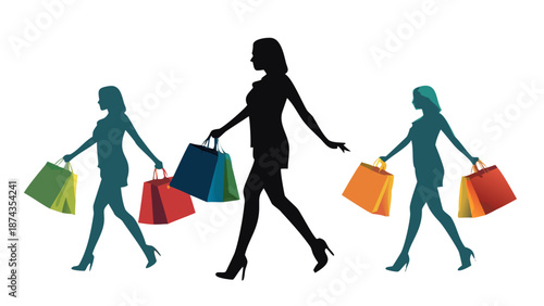 Silhouette of a happy woman carrying multiple shopping bags, walking briskly, modern retail and consumerism concept vector.