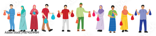 illustration set featuring characters distributing qurban